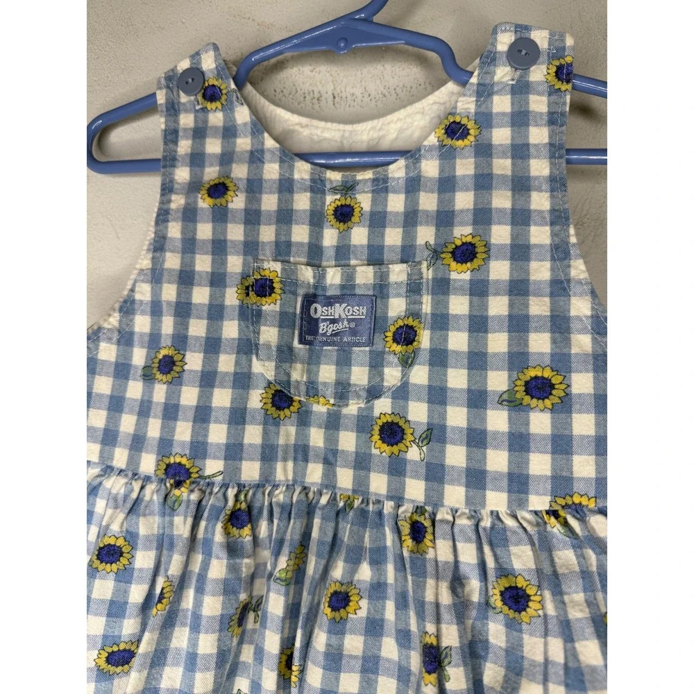 Vintage OshKosh B'gosh Sunflower Gingham Pinafore Dress Blue White 4T USA Made
